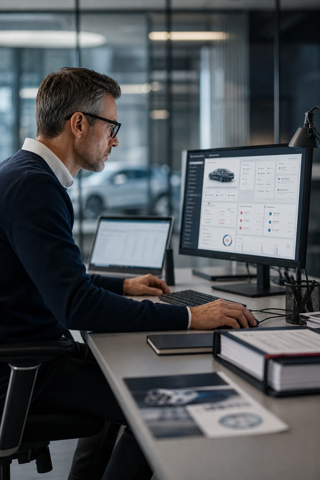 Compliance specialist reviewing electronic vehicle conformity records