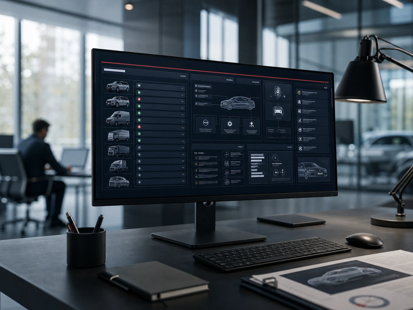 Enterprise type approval workspace with abstract vehicle compliance dashboard