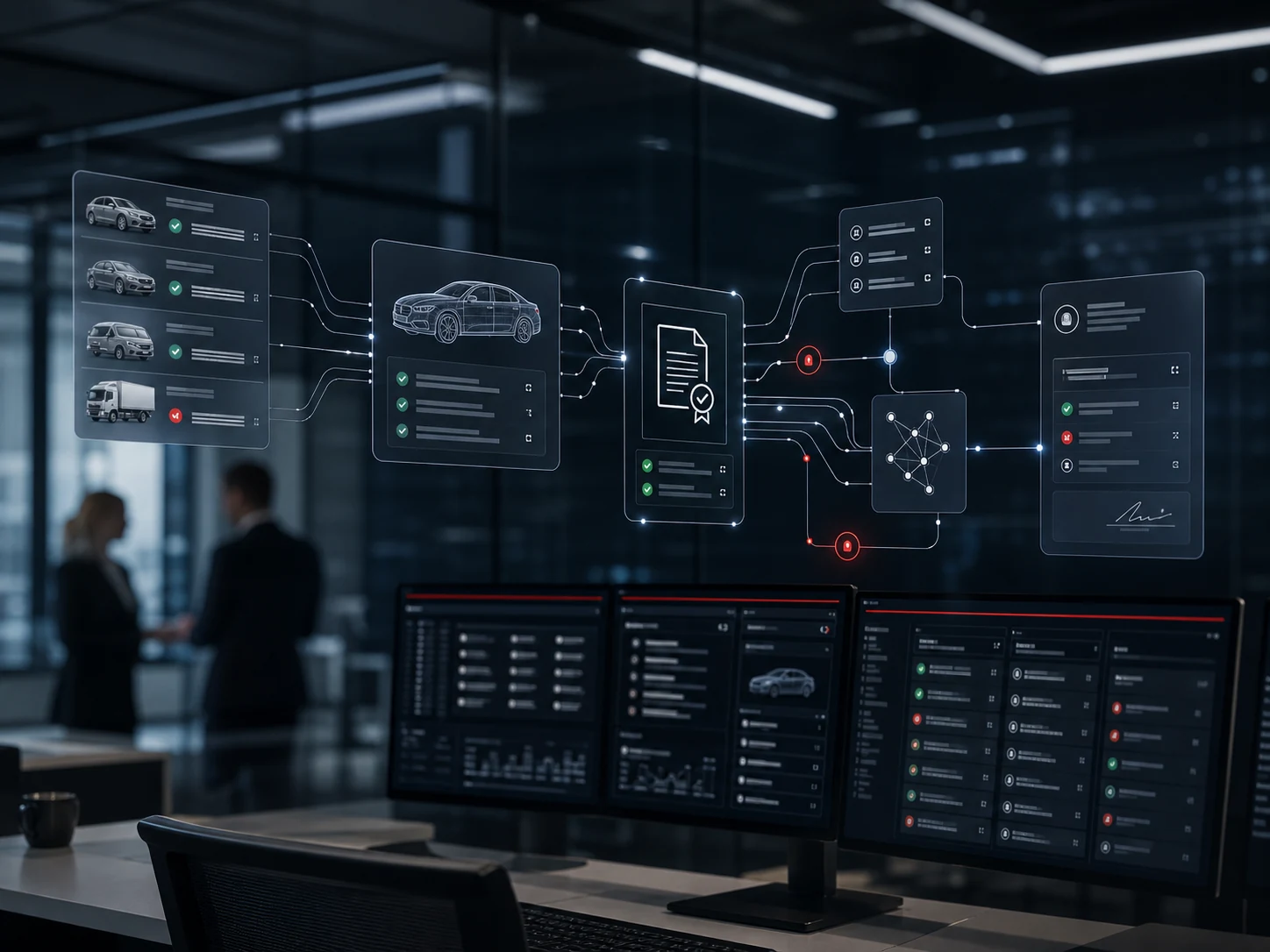 Vehicle approval data flow shown across enterprise compliance systems